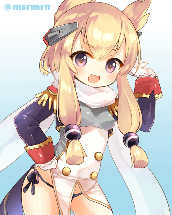 1girl :d animal_ears azur_lane bangs black_panties blonde_hair blue_background blush breasts cat_ears commentary_request cowboy_shot eyebrows_visible_through_hair gloves gradient gradient_background hair_between_eyes hair_ornament hand_on_hip hand_up headgear jacket long_hair long_sleeves looking_at_viewer marshmallow_mille medium_breasts open_mouth panties purple_jacket side-tie_panties sidelocks smile solo twitter_username underwear violet_eyes warspite_(azur_lane) white_background white_gloves