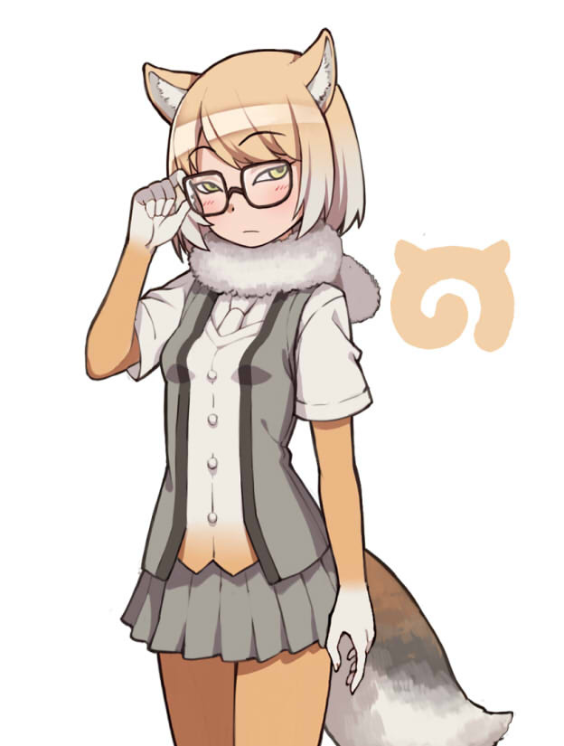 1girl adjusting_eyewear animal_ears arm_at_side bangs black-framed_eyewear blonde_hair blush breasts character_request cowboy_shot elbow_gloves expressionless eyebrows_visible_through_hair glasses gloves gradient_hair green_eyes grey_skirt grey_vest japari_symbol kemono_friends kugi_ta_hori_taira looking_at_viewer miniskirt multicolored_hair necktie open_clothes open_vest orange_legwear pantyhose pleated_skirt shirt short_hair short_sleeves simple_background skirt small_breasts solo standing swept_bangs tail vest white_background white_hair white_neckwear white_shirt