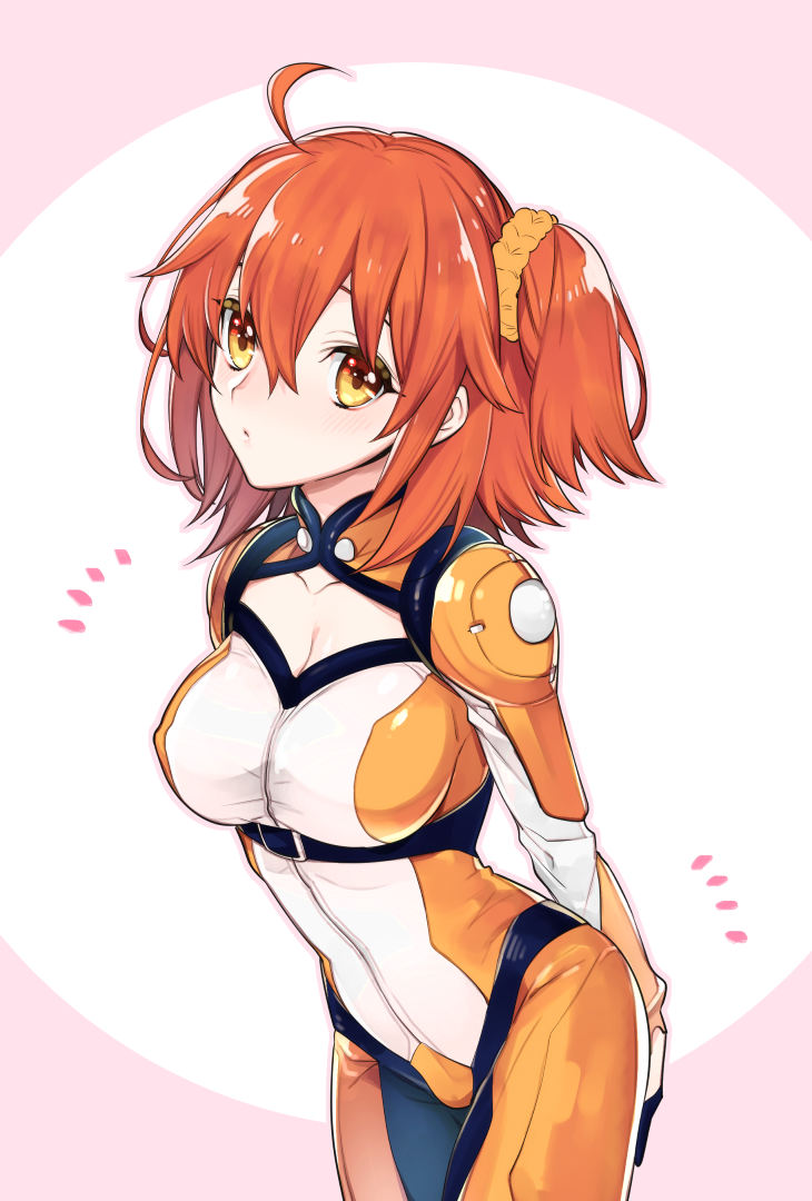 /\/\/\ 1girl :&lt; ahoge arms_behind_back bangs blush bodysuit breasts buckle chaldea_combat_uniform cleavage cleavage_cutout closed_mouth collarbone cowboy_shot fate/grand_order fate_(series) fujimaru_ritsuka_(female) hair_between_eyes hair_ornament hair_scrunchie leaning_forward looking_at_viewer looking_back medium_breasts mitsuya_bonjin one_side_up orange_bodysuit orange_eyes orange_hair orange_scrunchie scrunchie short_hair solo standing tareme two-tone_background underbust