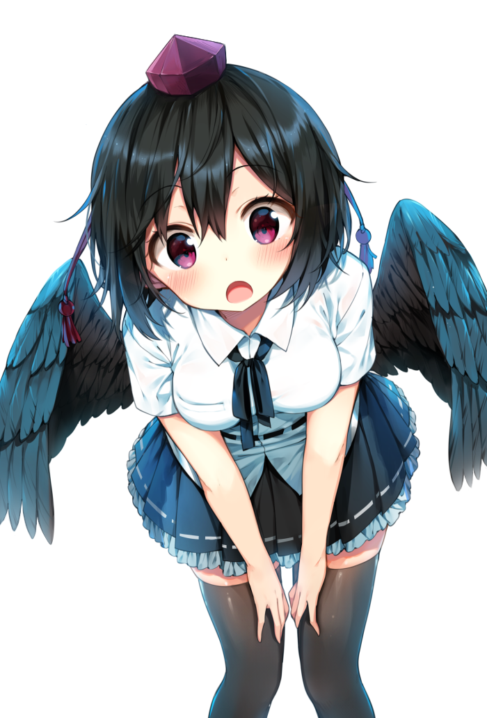 1girl bangs belt black_hair black_legwear black_skirt black_wings blush breasts eyelashes hat leaning_forward looking_at_viewer medium_breasts miniskirt open_mouth pleated_skirt pom_pom_(clothes) red_eyes revision shameimaru_aya shinoba shirt short_hair short_sleeves simple_background skirt solo thigh-highs tokin_hat touhou v_arms white_background white_shirt wings zettai_ryouiki