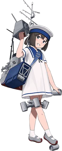 1girl bag black_hair blue_eyes daitou_(kantai_collection) depth_charge depth_charge_projector dress full_body grin hand_up hat kantai_collection looking_at_viewer mary_janes official_art rigging sailor_dress sailor_hat shibafu_(glock23) shoes short_ponytail shoulder_bag smile solo transparent_background turret white_legwear