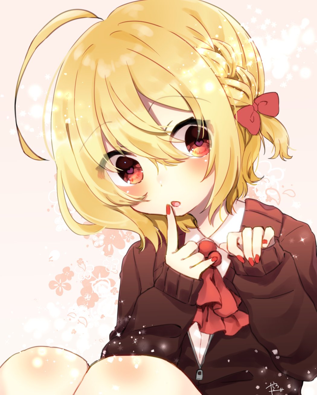 1girl abe_suke ahoge alternate_costume ascot bangs blonde_hair bow braid brown_eyes commentary_request eyebrows_visible_through_hair finger_to_mouth floral_background hair_between_eyes hair_bow heart heart-shaped_pupils highres looking_at_viewer nail_polish open_mouth red_bow rumia short_hair signature solo symbol-shaped_pupils touhou zipper_pull_tab