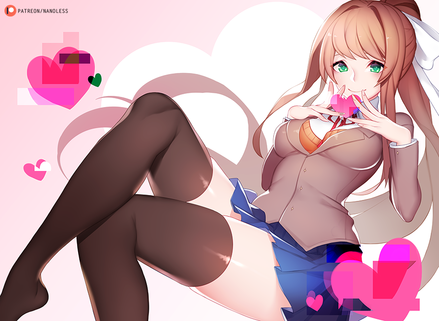 1girl artist_name black_legwear blush bow breasts closed_mouth doki_doki_literature_club feet_out_of_frame hair_bow heart heart_background legs_crossed long_hair long_sleeves looking_at_viewer medium_breasts miniskirt monika_(doki_doki_literature_club) nanoless neck_ribbon patreon_logo pleated_skirt ponytail red_neckwear red_ribbon ribbon school_uniform shiny shiny_clothes shiny_hair shiny_skin sidelocks sitting skirt smile solo thigh-highs very_long_hair white_bow