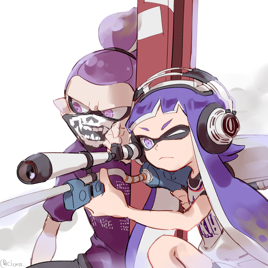 1boy 1girl @_@ bandana_over_mouth bangs basketball_jersey blue_eyes blue_hair blunt_bangs carbon_roller_(splatoon) closed_mouth domino_mask e-liter_3k_(splatoon) headphone-chan_(splatoon) headphones holding holding_weapon light_frown long_hair looking_to_the_side mask one_eye_closed purple_hair purple_shirt scope scrunchie serizawa_nae shirt short_hair short_sleeves skull-kun_(splatoon) splatoon splatoon_(manga) t-shirt tentacle_hair topknot twitter_username upper_body violet_eyes weapon white_shirt