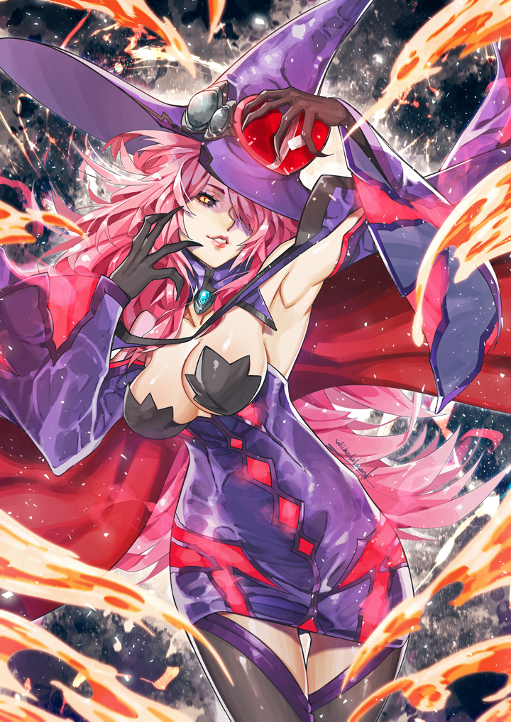 1girl blazblue blazblue:_central_fiction breasts cape claws cleavage gift gloves hair_over_one_eye hat heart-shaped_box holding holding_gift ian_olympia konoe_a_mercury large_breasts long_hair medium_breasts pink_hair redhead signature slit_pupils solo thigh-highs valentine witch_hat yellow_eyes