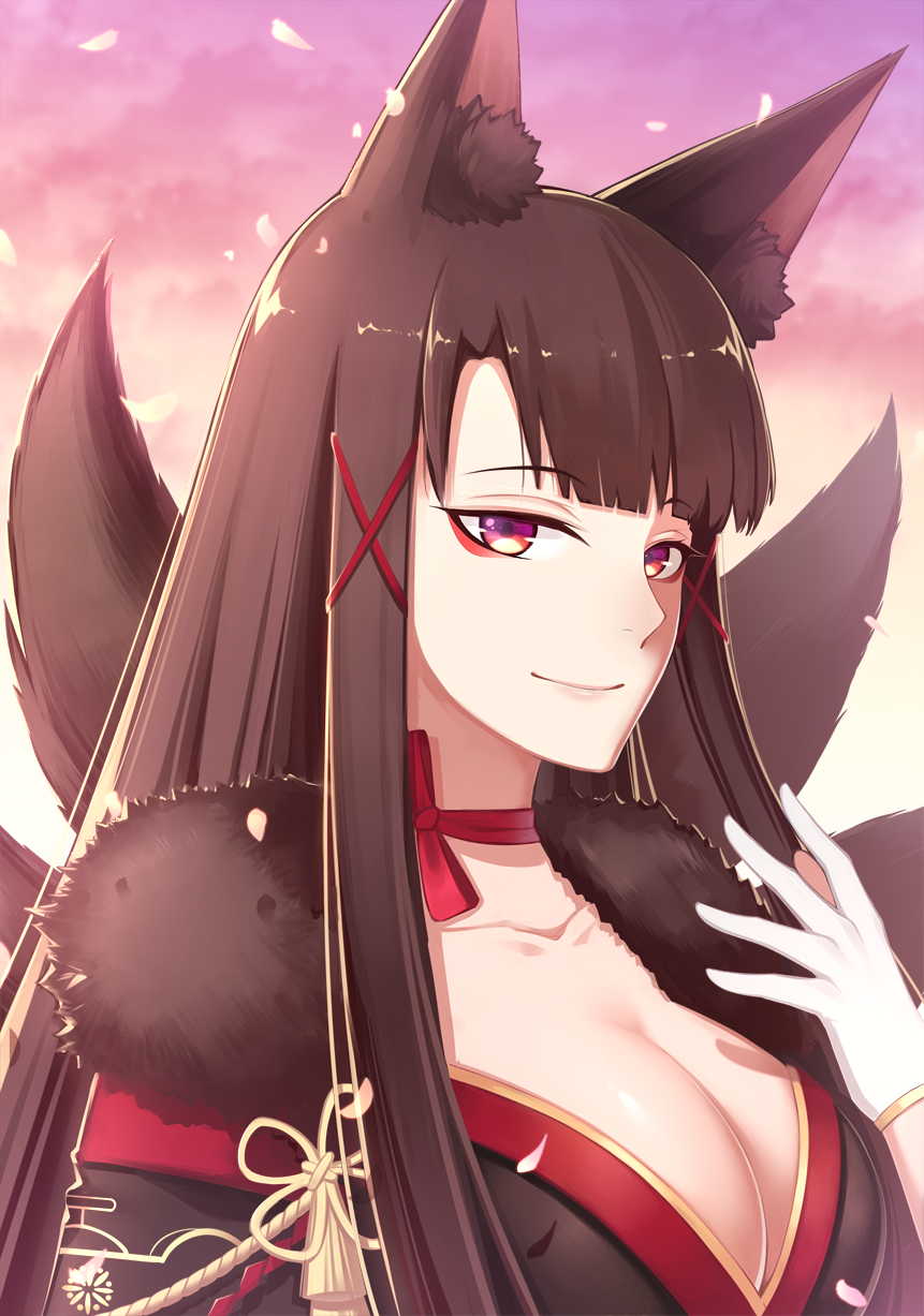 1girl akagi_(azur_lane) animal_ears ayan azur_lane backlighting bangs black_kimono blunt_bangs breasts choker cleavage closed_mouth collarbone eyebrows_visible_through_hair eyeshadow fox_ears fox_tail fur_collar gloves gradient_sky hair_ornament highres japanese_clothes kimono kitsune large_breasts lips looking_at_viewer makeup multiple_tails outdoors petals red_choker red_ribbon ribbon ribbon_choker smile solo straight_hair tail tassel tsurime upper_body white_gloves x_hair_ornament