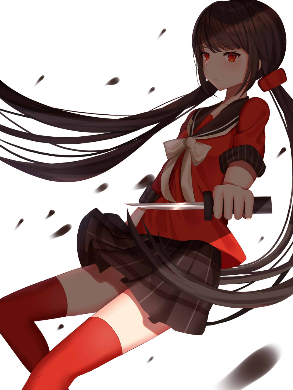 1girl black_hair black_skirt dangan_ronpa harukawa_maki highres holding holding_knife knife kouta_hann long_hair new_dangan_ronpa_v3 red_eyes red_legwear skirt solo standing thigh-highs twintails