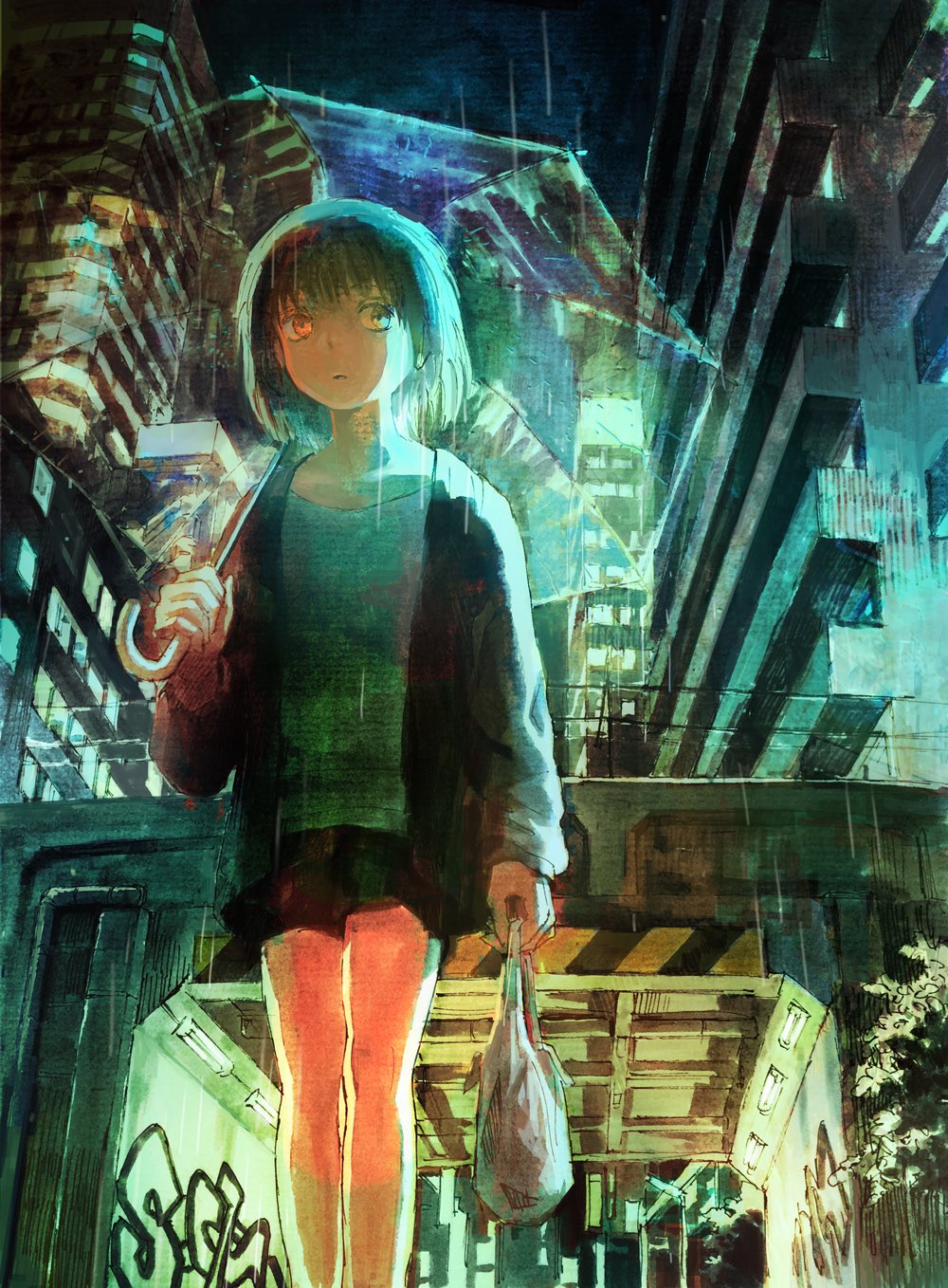 1girl bag building city_lights cityscape commentary graffiti heterochromia highres jacket miniskirt night original overpass plastic_bag pullover rain short_hair skirt solo tokunaga_akimasa tunnel umbrella