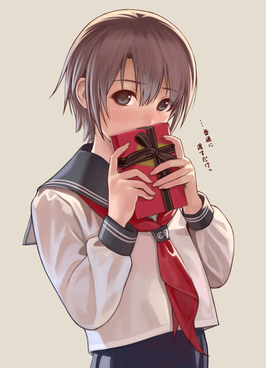 1girl bangs black_ribbon blue_eyes blue_sailor_collar blush box brown_hair covering_mouth eyebrows_visible_through_hair gift gift_box holding holding_gift idolmaster idolmaster_cinderella_girls long_sleeves looking_at_viewer neckerchief nekopuchi otokura_yuuki red_neckwear ribbon sailor_collar school_uniform serafuku shirt short_hair simple_background solo swimsuit swimsuit_under_clothes tareme translation_request two-handed upper_body valentine white_shirt yellow_background