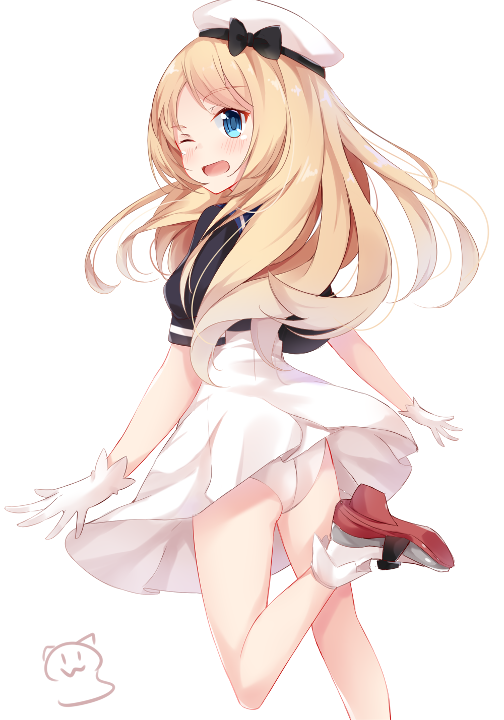 1girl blonde_hair blue_eyes blush dress gloves hat highres jervis_(kantai_collection) kantai_collection long_hair nahaki one_eye_closed panties sailor_dress short_sleeves signature simple_background smile solo underwear white_background white_gloves white_hat white_panties