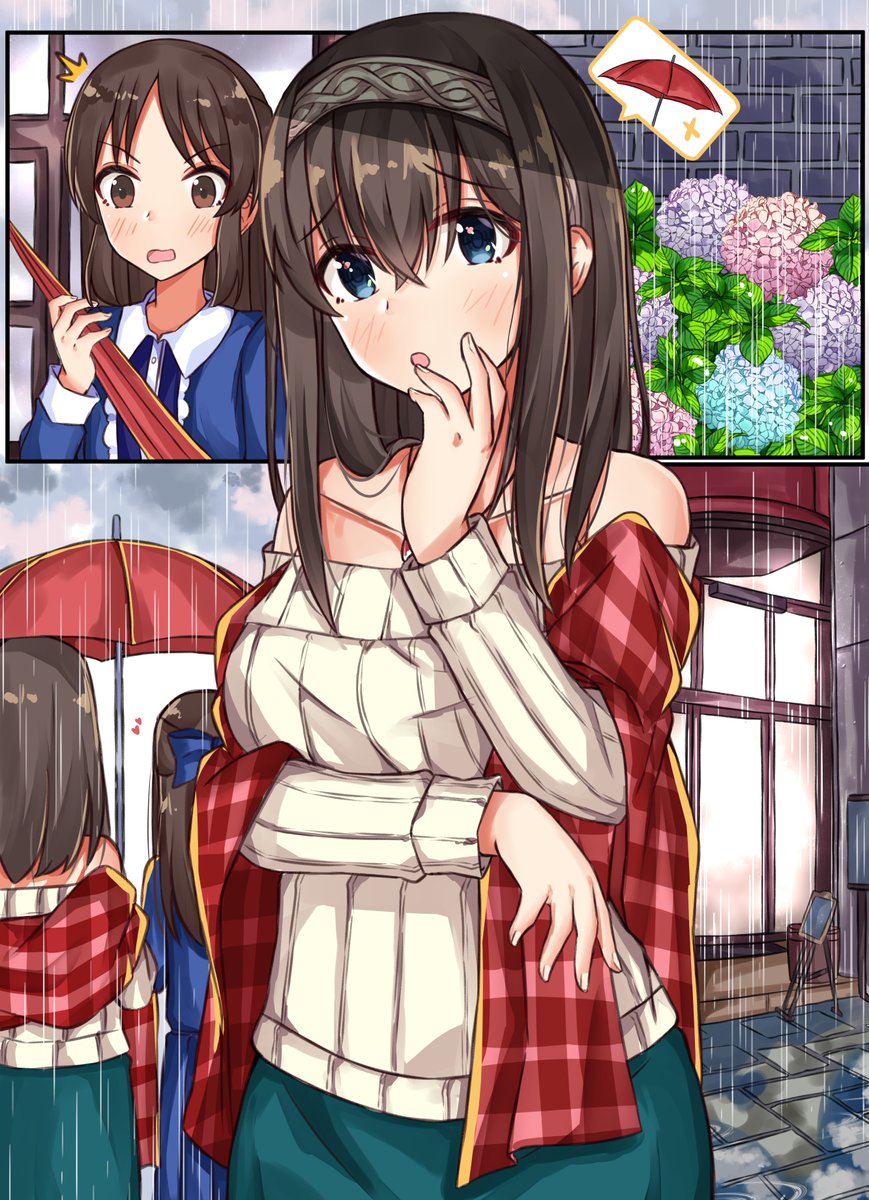 2girls bare_shoulders black_hair bow brown_eyes brown_hair comic hair_bow heart highres hydrangea idolmaster idolmaster_cinderella_girls long_hair multiple_girls norazura outdoors plaid plaid_scarf rain ribbed_sweater sagisawa_fumika scarf shared_umbrella silent_comic speech_bubble surprised tachibana_arisu umbrella