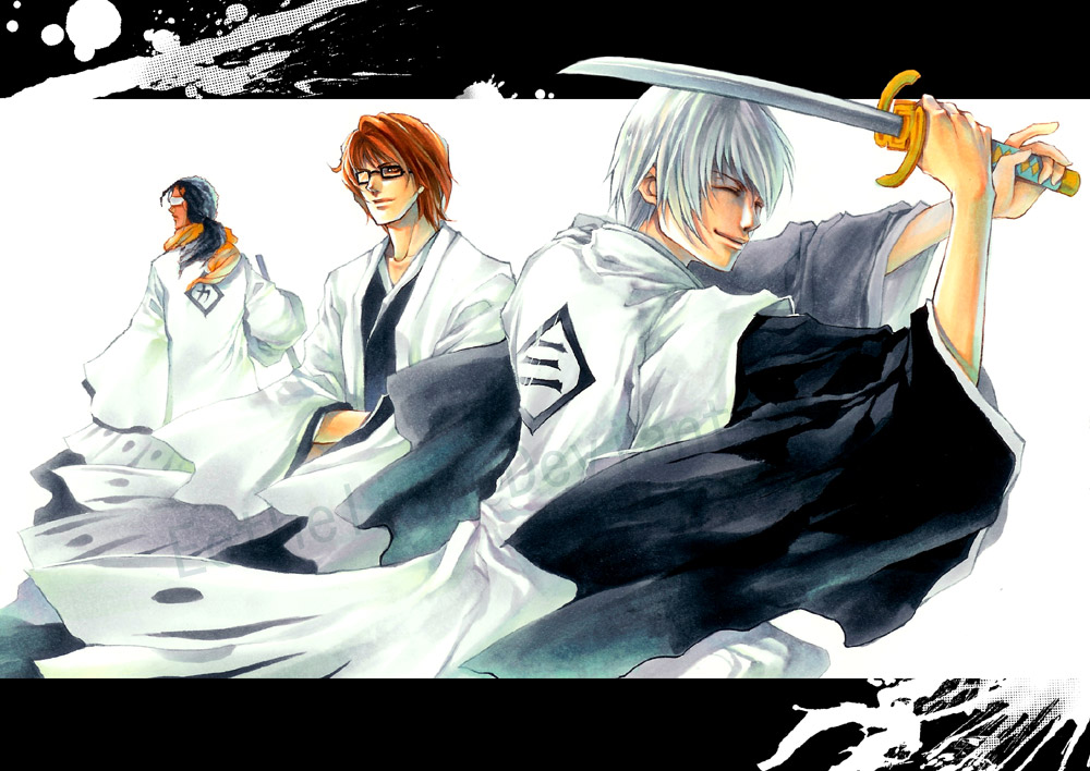 3boys aizen_sousuke black_hair bleach brown_eyes brown_hair closed_eyes ecthelian glasses haori ichimaru_gin japanese_clothes letterboxed long_hair multiple_boys sword taichou_haori tousen_kaname weapon