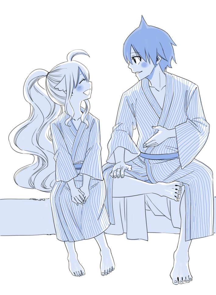 1boy 1girl ahoge backlighting barefoot bath_yukata blue closed_eyes commentary_request fairy_tail japanese_clothes kimono long_hair looking_at_another mashima_hiro mavis_vermilion monochrome simple_background sitting smile white_background yukata zeref