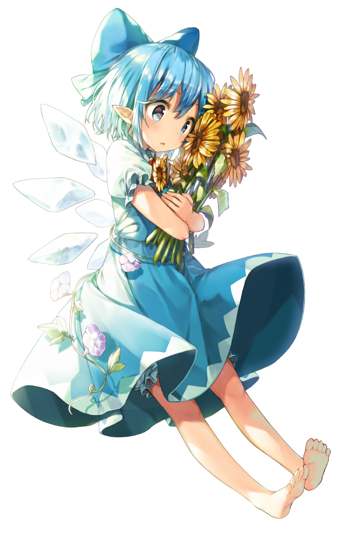 1girl barefoot blue_bow blue_dress blue_eyes blue_hair blush bow cirno dress eyebrows_visible_through_hair feet flower full_body hair_bow holding holding_flower ice ice_wings parted_lips pointy_ears revision shinoba short_hair simple_background solo sunflower touhou white_background wings