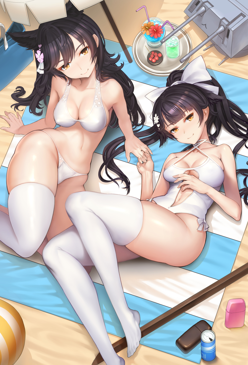 2girls animal_ears arm_support atago_(azur_lane) azur_lane bag ball beach beach_towel beachball black_hair bow breasts can casual_one-piece_swimsuit cleavage criss-cross_halter drink feet from_above hair_bow hair_flaps halterneck highres lolihorn looking_at_viewer lying machinery mole mole_under_eye multiple_girls navel_cutout no_shoes on_back one-piece_swimsuit orange_eyes ponytail ribbon smile swimsuit takao_(azur_lane) thigh-highs toes towel tray umbrella white_bow white_legwear white_ribbon white_swimsuit