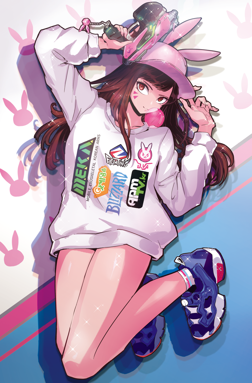 1girl acronym animal_ears animal_hat animal_print bangs bare_legs baseball_cap blue_footwear brown_eyes brown_hair bubble_blowing bunny_hat bunny_print character_name charm_(object) chewing_gum clothes_writing collarbone commentary_request d.va_(overwatch) emblem eyelashes facepaint facial_mark fingernails gun handgun hands_up hat highres holding holding_gun holding_weapon legs_up logo long_hair long_sleeves looking_at_viewer overwatch pink_hat pistol puppeteer7777 rabbit_ears shirt shoes socks solo sparkle swept_bangs trigger_discipline weapon whisker_markings white_legwear white_shirt