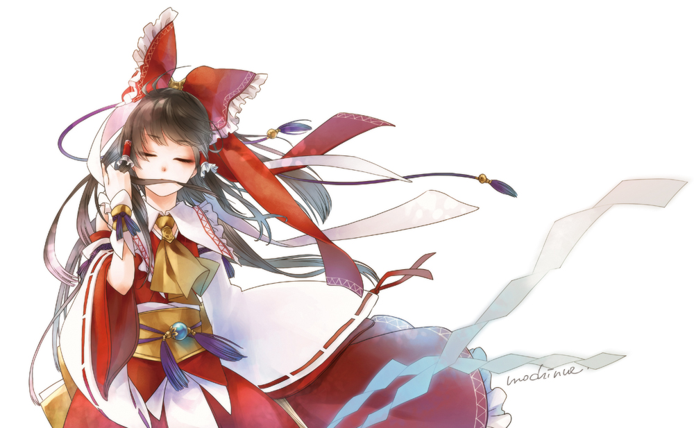 1girl bow brown_hair closed_eyes detached_sleeves floating_hair frilled_bow frills hair_bow hair_over_mouth hair_ribbon hair_tubes hakurei_reimu hand_in_hair japanese_clothes kimono long_hair mochinu red_bow red_kimono ribbon ribbon-trimmed_sleeves ribbon_trim signature simple_background solo standing touhou white_background white_ribbon
