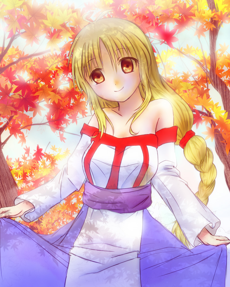 1girl arc_the_lad arc_the_lad_ii bare_shoulders blonde_hair braid breasts brown_eyes commentary_request dress lieza long_hair looking_at_viewer low-tied_long_hair open_mouth smile solo white_background white_dress