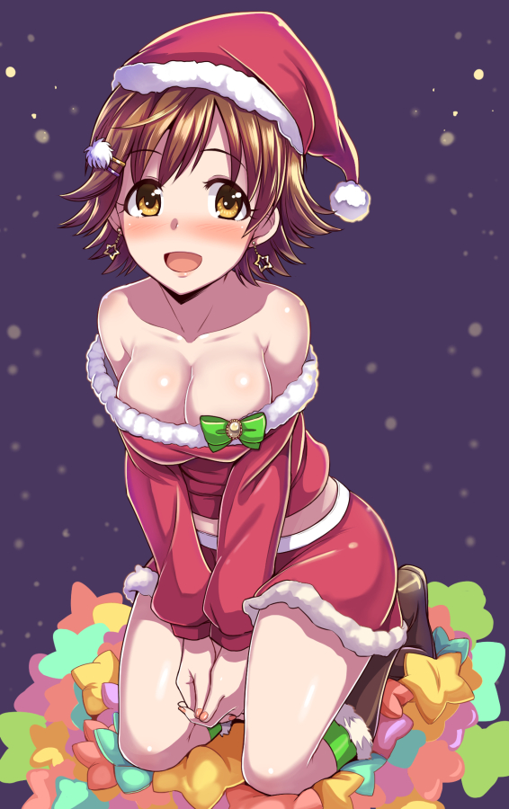 1girl :d blush bow breasts brown_eyes brown_footwear brown_hair cleavage collarbone dan_(orange_train) dress earrings eyebrows_visible_through_hair full_body fur_trim green_bow green_legwear hair_ornament hands_clasped hat honda_mio idolmaster idolmaster_cinderella_girls jewelry kneehighs kneeling looking_at_viewer medium_breasts nail_polish open_mouth orange_nails own_hands_together purple_background red_dress red_hat santa_hat short_dress short_hair smile solo star star_earrings strapless strapless_dress