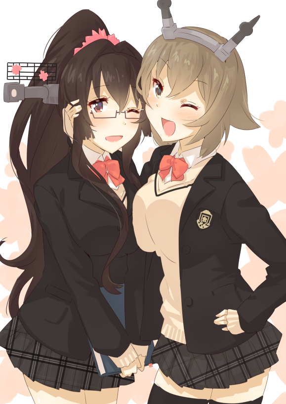 2girls alternate_costume bespectacled black_cardigan black_jacket black_legwear blouse brown_eyes brown_hair cardigan commentary_request glasses grey_skirt hair_between_eyes headgear jacket kantai_collection long_hair long_sleeves multiple_girls mutsu_(kantai_collection) neck_ribbon one_eye_closed open_mouth plaid plaid_skirt pleated_skirt ponytail red_ribbon ribbon school_uniform short_hair skirt smile thigh-highs tonari_no_kai_keruberosu white_blouse yamato_(kantai_collection)