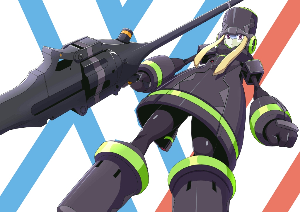 black_dress black_hat blonde_hair character_request commentary_request darling_in_the_franxx dress gun handgun hat holding holding_gun holding_weapon looking_at_viewer mecha no_humans parted_lips revolver robisonjr sidelocks solo standing violet_eyes weapon