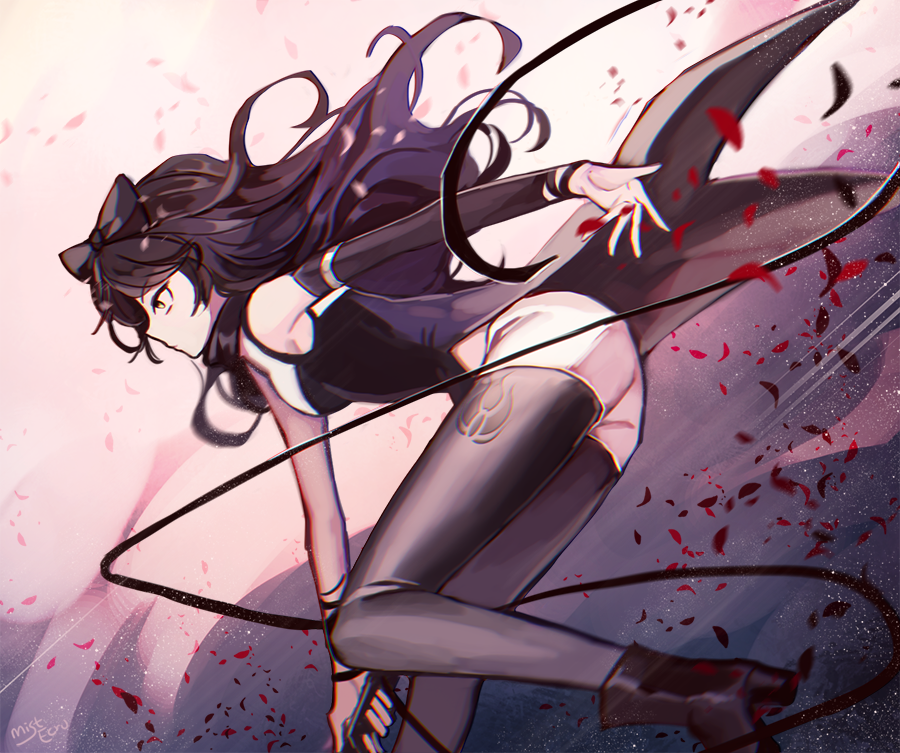 1girl black_hair blake_belladonna bow ecru gambol_shroud hair_bow petals rwby shorts solo thigh-highs yellow_eyes