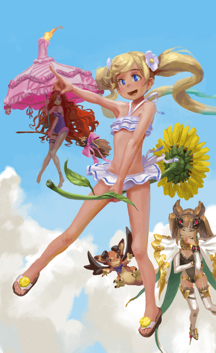 3girls anna_(granblue_fantasy) blonde_hair blue_eyes brown_hair candle character_request doyora dragon flat_chest flower granblue_fantasy hair_flower hair_ornament io_euclase long_hair metella_(granblue_fantasy) miniskirt multiple_girls redhead sandals skirt solo_focus swimsuit twintails vee_(granblue_fantasy)