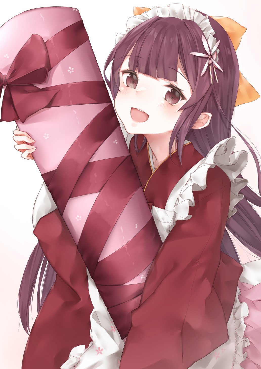 1girl adapted_costume apron bow brown_eyes cowboy_shot frilled_apron frills gift hair_bow hakama highres inorin05kanae japanese_clothes kamikaze_(kantai_collection) kantai_collection kimono long_hair maid_headdress meiji_schoolgirl_uniform open_mouth pink_hakama purple_hair red_kimono simple_background solo tube upper_body wa_maid white_apron white_background yellow_bow