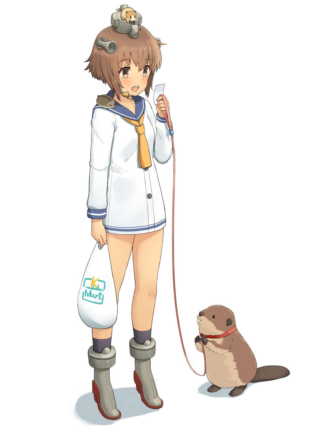 1girl animal bag beaver brown_eyes brown_hair dress hamster headgear headset high_heels highres holding kantai_collection neckerchief open_mouth plastic_bag rudder_shoes sailor_dress school_uniform shopping_bag short_hair soil_chopsticks solo speaking_tube_headset standing white_background yellow_neckwear yukikaze_(kantai_collection)