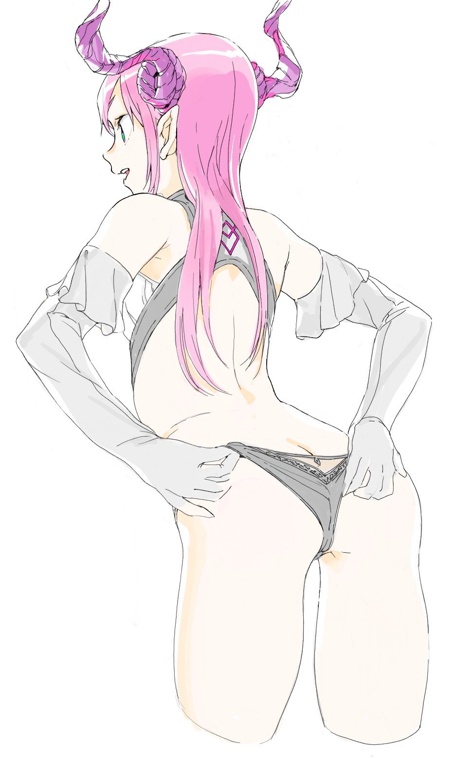 1girl adjusting_clothes adjusting_panties aqua_eyes arched_back ass back bangs bare_shoulders black_panties butt_crack cropped_legs demon_horns elbow_gloves elizabeth_bathory_(fate) elizabeth_bathory_(fate)_(all) eyebrows facing_away fate/extra fate/extra_ccc fate_(series) from_behind fronttire gloves grey_gloves hair_between_eyes highres horns legs_apart long_hair looking_away open_mouth panties pink_hair simple_background smile solo straight_hair teeth underwear white_background