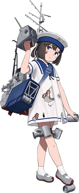 1girl bag black_hair blue_eyes burnt_clothes closed_mouth daitou_(kantai_collection) damaged depth_charge depth_charge_projector dress full_body hand_up hat kantai_collection looking_at_viewer mary_janes official_art rigging sailor_dress sailor_hat shibafu_(glock23) shoes short_ponytail shoulder_bag smudge solo soot torn_clothes transparent_background turret underwear white_legwear