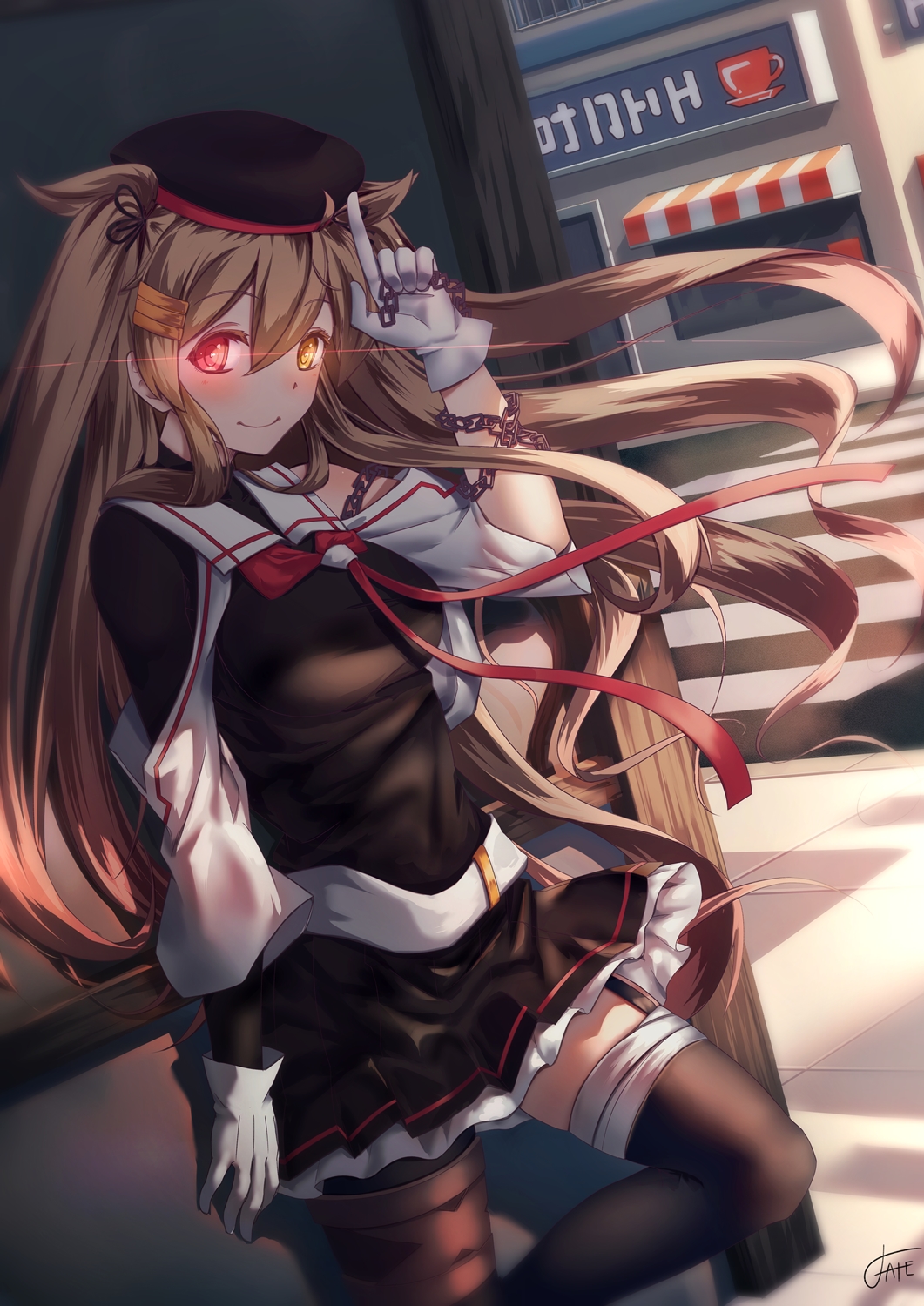 1girl against_wall asymmetrical_clothes black_hat black_serafuku black_skirt blonde_hair blush breasts chains ekusufeito gloves glowing glowing_eyes hair_between_eyes hair_flaps hair_ornament hairclip hat heterochromia highres kantai_collection leaning_back looking_at_viewer medium_breasts murasame_(kantai_collection) outdoors pleated_skirt red_eyes road school_uniform serafuku signature single_thighhigh skirt smile solo standing street thigh-highs two_side_up white_gloves yellow_eyes