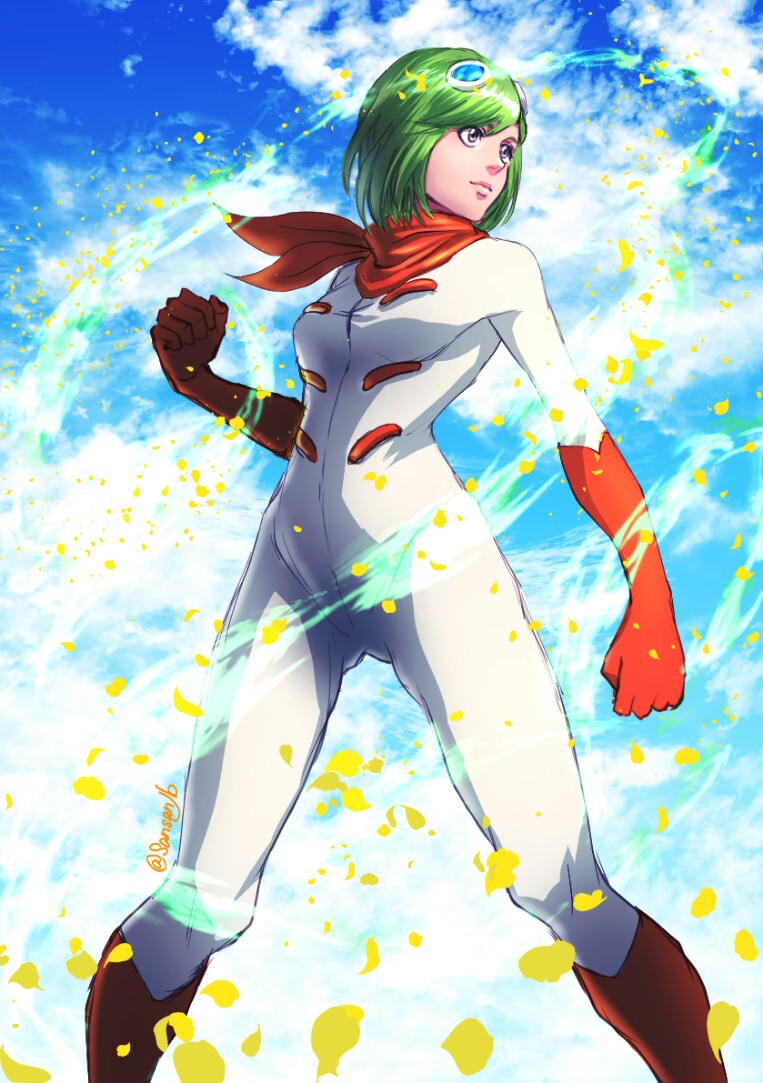 1girl bleach blue_sky bodysuit boots breasts clouds from_below gloves goggles green_hair kuna_mashiro lips looking_away orange_footwear orange_gloves petals san-san_(pixiv16523866) scarf short_hair signature sky small_breasts solo violet_eyes white_bodysuit
