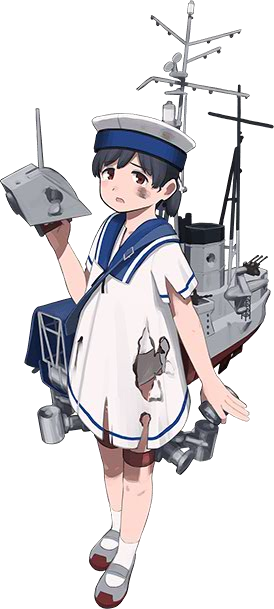 1girl bag black_hair blush_stickers brown_eyes burnt_clothes damaged dress full_body hand_up hat hiburi_(kantai_collection) kantai_collection looking_at_viewer mary_janes official_art open_mouth rigging sailor_dress sailor_hat shibafu_(glock23) shoes short_ponytail shoulder_bag smudge solo soot torn_clothes transparent_background underwear white_legwear