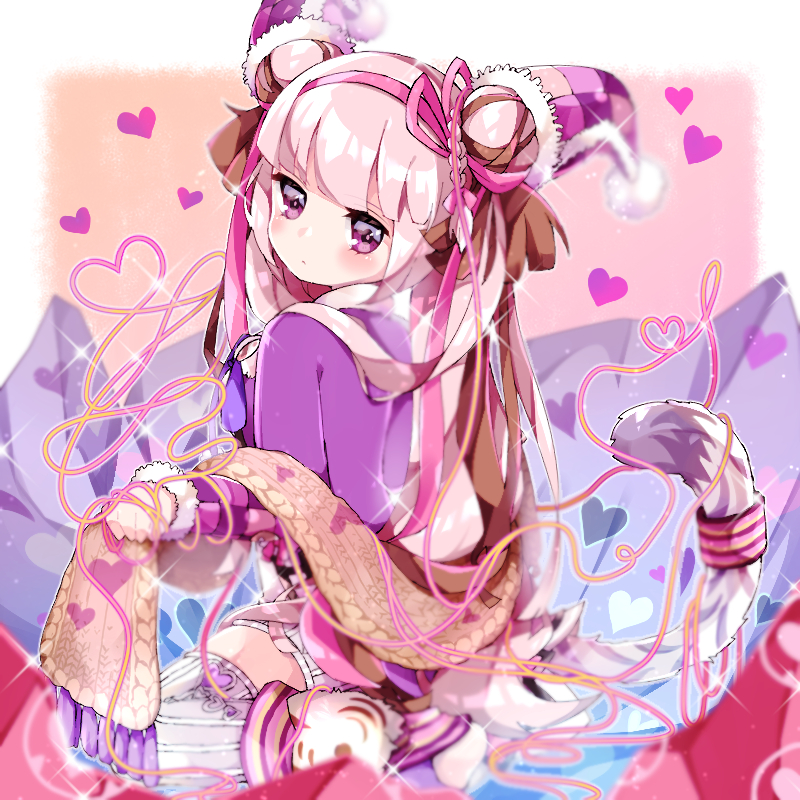 1girl bangs blush breasts brown_scarf checkered commentary_request double_bun eyebrows_visible_through_hair fringe haku_(p&amp;d) heart jacket long_sleeves looking_at_viewer looking_back medium_breasts pikomarie pink_hair purple_jacket puzzle_&amp;_dragons short_shorts shorts side_bun sitting solo striped_tail tail thigh-highs tiger_tail twintails violet_eyes wariza white_legwear white_shorts