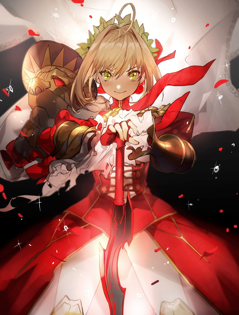 1girl aestus_estus ahoge armor blonde_hair closed_mouth dress fate/extra fate/grand_order fate_(series) green_eyes highres laurel_crown nero_claudius_(fate) nero_claudius_(fate)_(all) no-kan pauldrons petals red_dress red_petals rose_petals saber_extra shiny shiny_hair smile