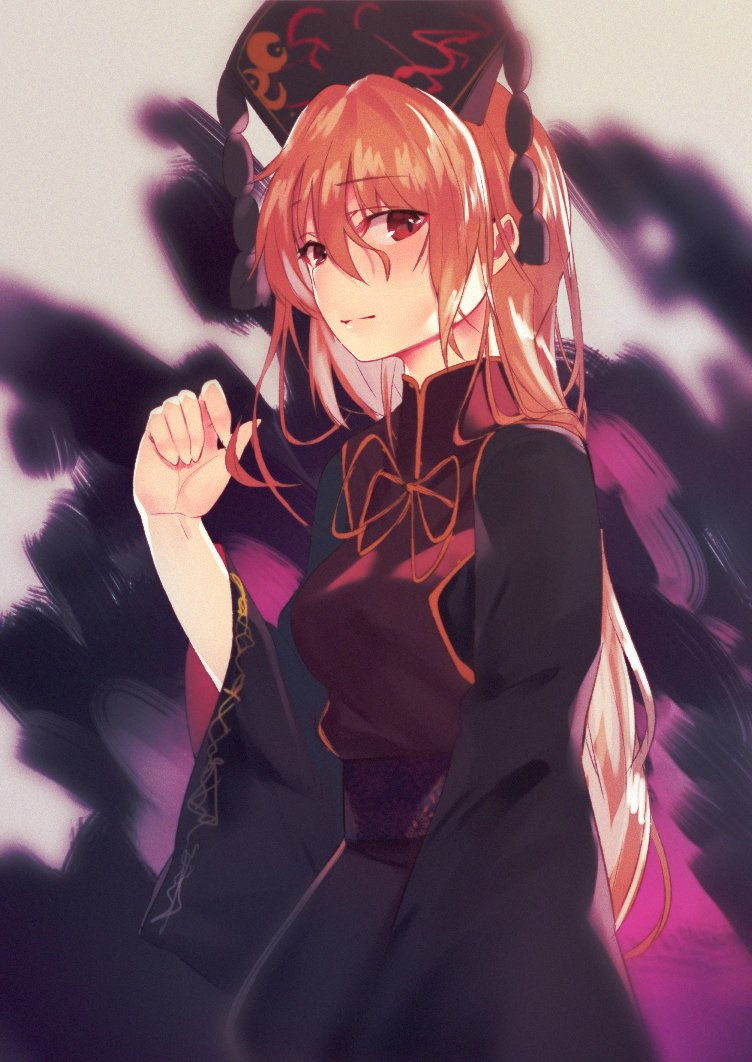 1girl asuzemu aura black_dress blonde_hair commentary_request cowboy_shot dress eyebrows_visible_through_hair grey_background hair_between_eyes headdress junko_(touhou) light_smile long_hair long_sleeves looking_at_viewer neck_ribbon red_eyes ribbon simple_background sleeves_past_wrists solo standing tabard tassel touhou very_long_hair wide_sleeves yellow_neckwear yellow_ribbon