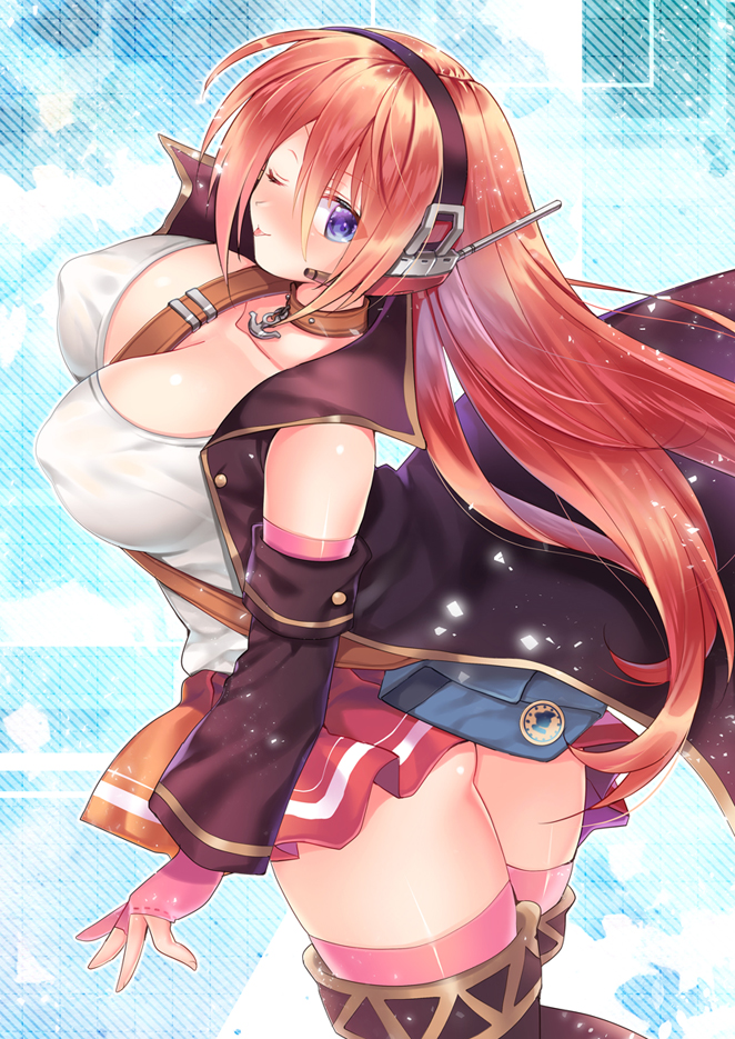 1girl ;) ;p anchor ass azur_lane bangs bare_shoulders between_breasts black_coat black_hairband blue_eyes breasts brown_choker choker closed_mouth coat collarbone detached_sleeves elbow_gloves erect_nipples eyebrows eyebrows_visible_through_hair eyes_visible_through_hair fingerless_gloves flat_ass gloves hair_between_eyes hairband headset large_breasts long_hair long_sleeves miniskirt one_eye_closed open_clothes open_coat pink_gloves pink_legwear ranger_(azur_lane) red_skirt redhead shirt skirt sleeveless_coat smile solo strap thigh-highs tongue tongue_out white_shirt zest_(lossol) zettai_ryouiki