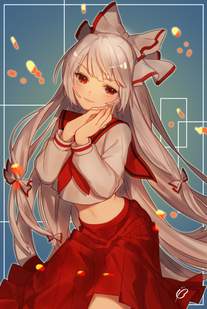 &gt;:) 1girl alternate_costume beet_(bbyo_11) blue_background closed_mouth fujiwara_no_mokou gradient gradient_background hair_ribbon hands_together head_tilt long_hair looking_at_viewer navel pleated_skirt red_eyes red_skirt ribbon school_uniform serafuku signature silver_hair skirt solo touhou very_long_hair white_ribbon