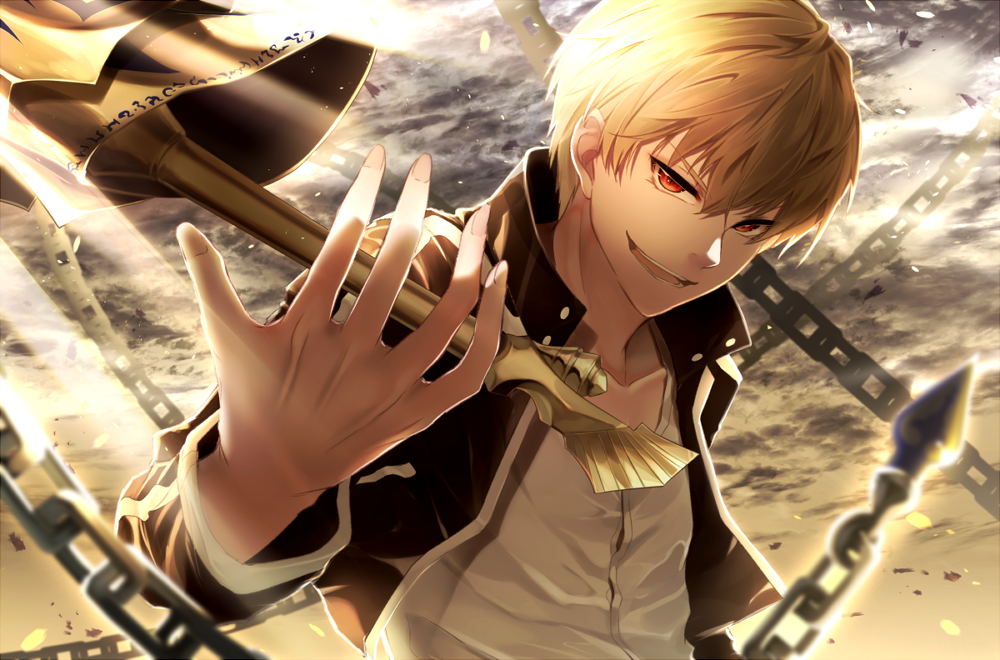 1boy :d bangs black_jacket blonde_hair chains clouds cloudy_sky cropped_jacket day fate/stay_night fate_(series) fingernails foreshortening gilgamesh jacket koruta_(nekoimo) lance light_rays long_sleeves looking_at_viewer male_focus motion_blur open_clothes open_jacket open_mouth outdoors polearm red_eyes shirt sky smile solo sunbeam sunlight tsurime upper_body v-shaped_eyebrows weapon white_shirt