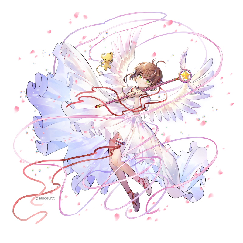 1girl antenna_hair brown_hair card_captor_sakura dress eyebrows_visible_through_hair feathered_wings green_eyes hair_between_eyes holding holding_staff kero kinomoto_sakura long_dress red_ribbon ribbon sandeul short_hair short_sleeves simple_background smile solo staff thigh_strap white_background white_dress white_footwear white_wings wings