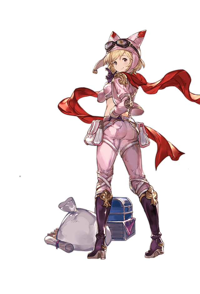 1girl animal_hat ass blonde_hair boots djeeta_(granblue_fantasy) finger_gun from_behind full_body gloves goggles goggles_on_head granblue_fantasy hand_on_hip hat high_heel_boots high_heels jacket looking_at_viewer minaba_hideo official_art open_clothes open_jacket pouch racing_suit red_scarf sack scarf short_hair simple_background smile solo transparent_background treasure_chest