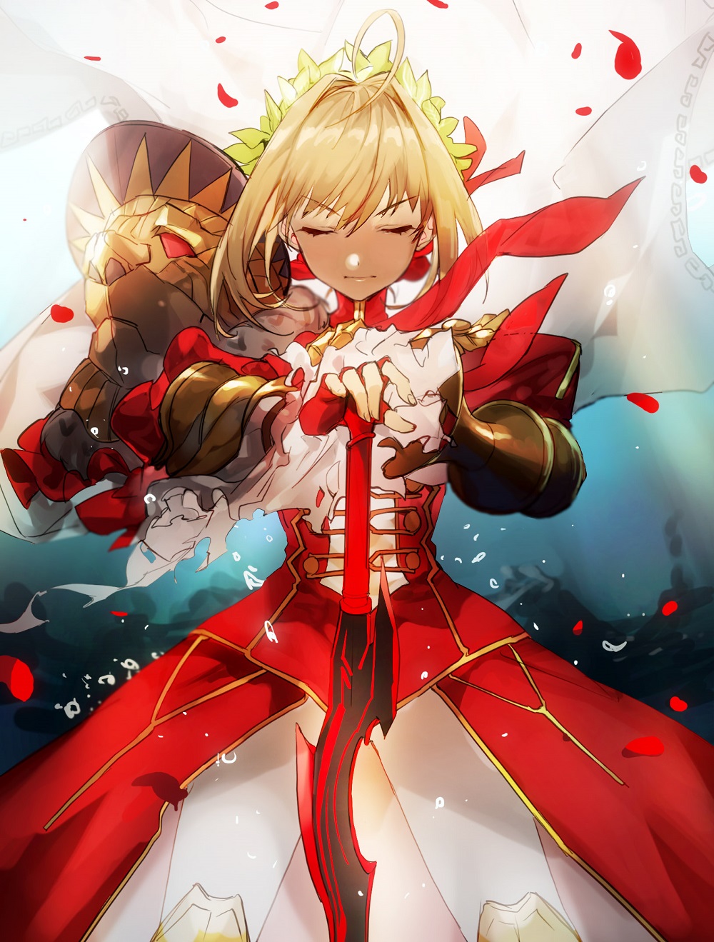 1girl aestus_estus ahoge armor blonde_hair closed_eyes closed_mouth dress fate/extra fate/grand_order fate_(series) hair_intakes highres laurel_crown nero_claudius_(fate) nero_claudius_(fate)_(all) no-kan pauldrons petals pose red_dress red_petals rose_petals saber_extra shiny shiny_hair