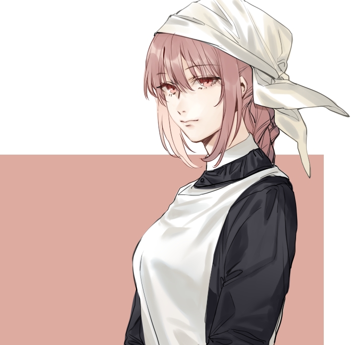 1girl alternate_costume apron bangs black_shirt braid closed_mouth eyebrows_visible_through_hair fate/grand_order fate_(series) florence_nightingale_(fate/grand_order) head_scarf hug_(yourhug) long_hair long_sleeves pink_hair red_eyes shirt sidelocks single_braid smile solo tsurime two-tone_background upper_body white_apron