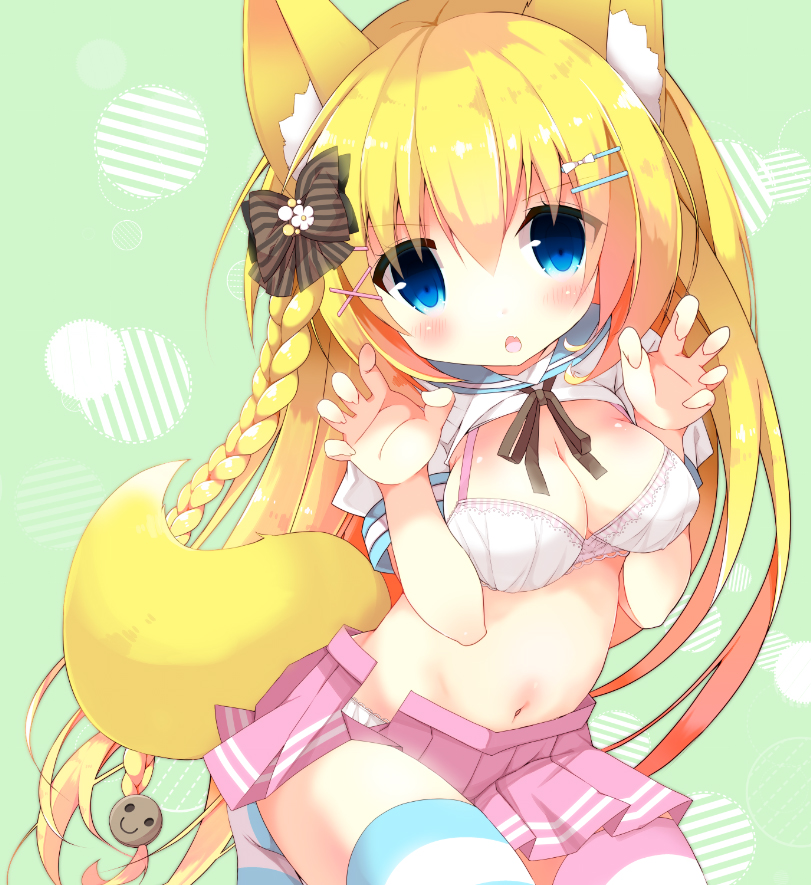 1girl animal_ears bangs blonde_hair blue_eyes blush bow bra braid breasts brown_bow claw_pose cleavage commentary_request dog_ears dog_girl dog_tail eyebrows_visible_through_hair fang fingernails fuuna_thise hair_between_eyes hair_bow hair_ornament hairclip head_tilt long_hair looking_at_viewer medium_breasts navel original panties parted_lips pink_skirt pleated_skirt school_uniform serafuku shirt skirt solo striped striped_bow tail underwear very_long_hair white_bra white_panties white_shirt