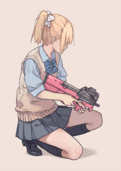 1girl blonde_hair bow bullpup gun hair_bow holding holding_gun holding_weapon kneehighs loafers one_knee original p90 ponytail school_uniform shoes simple_background skirt solo submachine_gun sweater_vest trigger_discipline weapon xiao_qiang_(overseas)