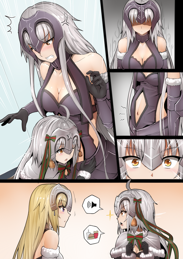 3girls ahoge anger_vein bare_shoulders bell black_gloves blonde_hair blush breasts brown_eyes cleavage clenched_hands clenched_teeth comic fate/apocrypha fate/grand_order fate_(series) food french_fries ginhaha gloves hair_between_eyes hamburger hand_on_another's_stomach headpiece hungry jeanne_d'arc_(alter)_(fate) jeanne_d'arc_(fate) jeanne_d'arc_(fate)_(all) jeanne_d'arc_alter_santa_lily long_hair multiple_girls multiple_persona navel open_mouth pregnant short_hair silent_comic silver_hair speed_lines stomach_growling teeth yellow_eyes