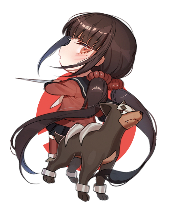 1girl bangs black_sailor_collar black_skirt blunt_bangs blush crossed_arms crossover dangan_ronpa dog fang fang_out full_body harukawa_maki houndour long_hair low_twintails mole mole_under_eye new_dangan_ronpa_v3 open_mouth pleated_skirt pokemon pokemon_(creature) profile red_eyes red_legwear red_shirt sailor_collar school_uniform serafuku shiny shiny_hair shirt skirt standing thigh-highs twintails very_long_hair zettai_ryouiki zuizi