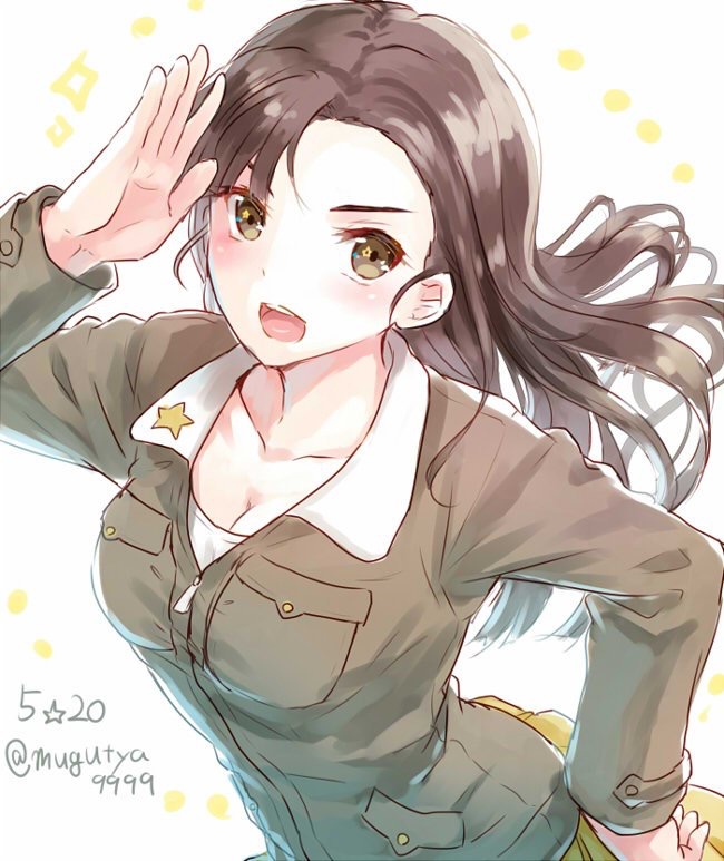 1girl asymmetrical_bangs bangs breasts brown_eyes brown_hair brown_jacket cleavage dated girls_und_panzer hand_on_hip jacket leaning_to_the_side long_hair long_sleeves looking_at_viewer macho_ojiji medium_breasts military military_uniform nishi_kinuyo open_mouth pleated_skirt salute shirt skirt smile solo standing twitter_username uniform upper_body white_shirt yellow_skirt