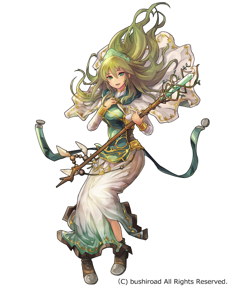 1girl cape copyright_request geetgeet green_eyes green_hair holding holding_staff long_hair official_art original robe solo staff white_background